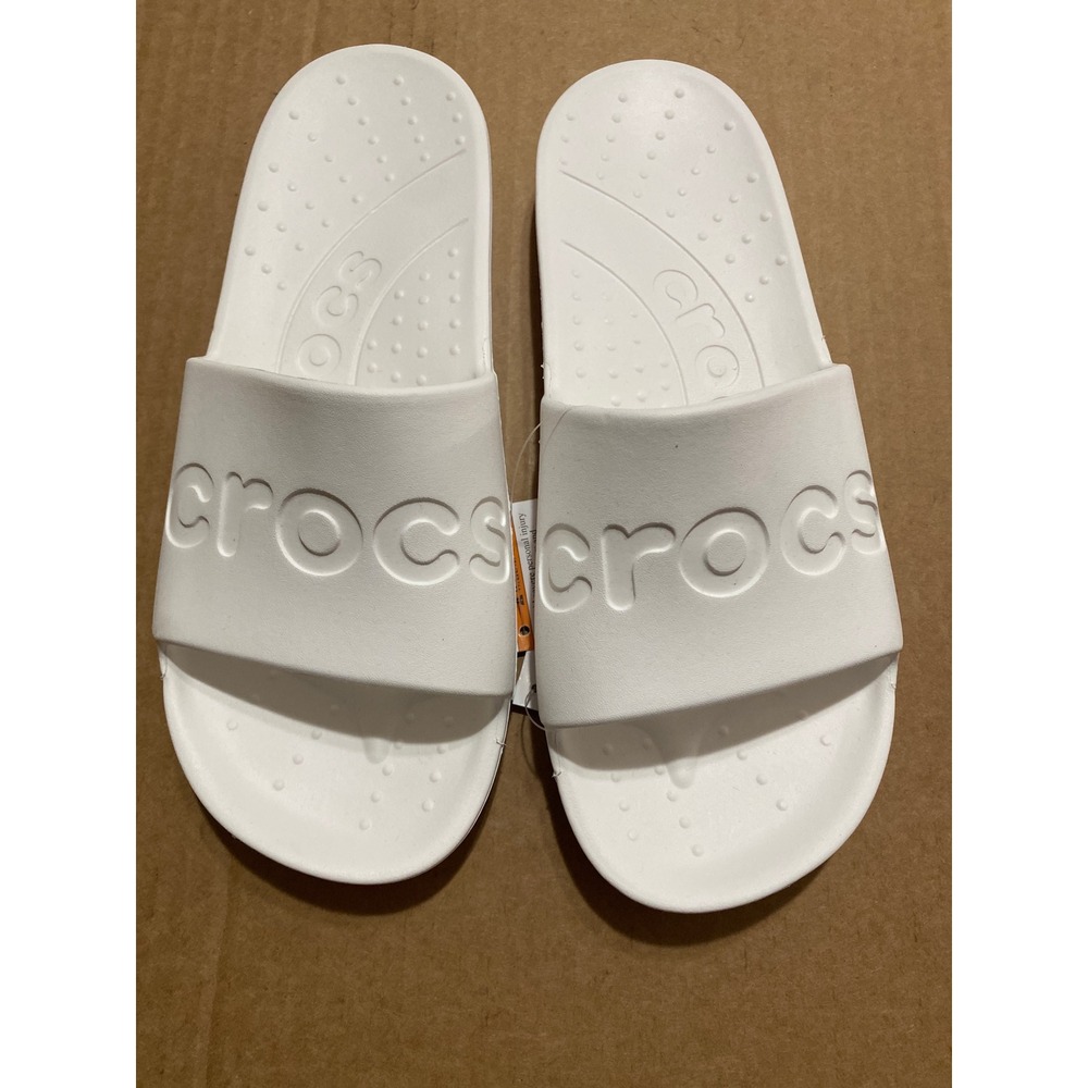 Crocs Classic Logo White Slip On Slides Women's 10 Men 8 Sandals 210088-100 NWT - Picture 2 of 7